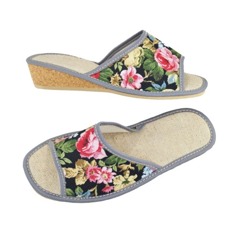 Kapcie damskie lniane na koturnie korek 1990 wygodne pantofle domowe