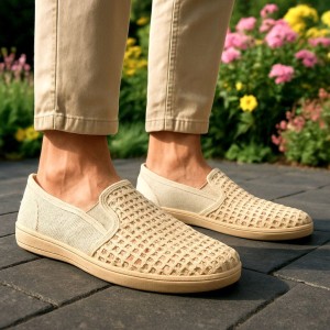 Mokasyny Klapki Len Siatka Beż Letnie 2380