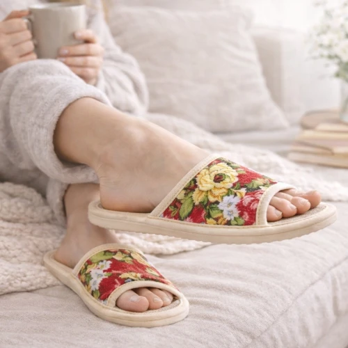 Kapcie damskie lniane w kwiaty 1989 komfortowe kapcie na stopach