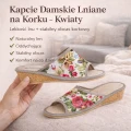 Kapcie damskie lniane na korkowym obcasie w kwiaty – wygodne pantofle domowe damskie