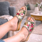 Wygodne Kapcie Damskie Lniane na Korku 1998 – Pantofle Domowe na Obcasie