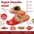 Kapcie damskie ciepłe haft 2116 czerwone grafika informacyjna