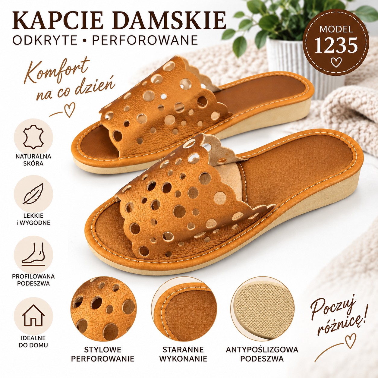 Brązowe kapcie damskie odkryte 1235 – grafika informacyjna