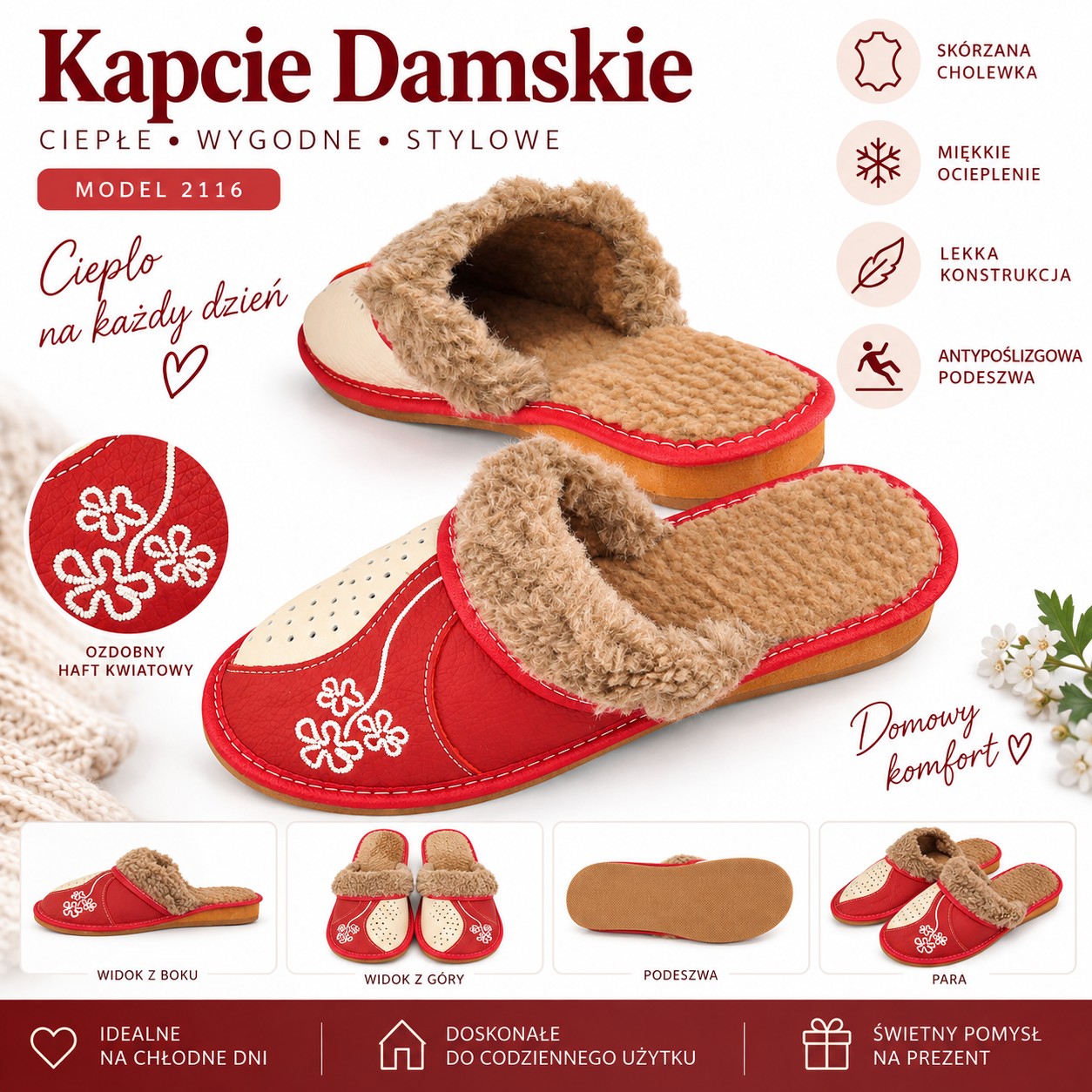 Kapcie damskie ciepłe haft 2116 czerwone grafika informacyjna