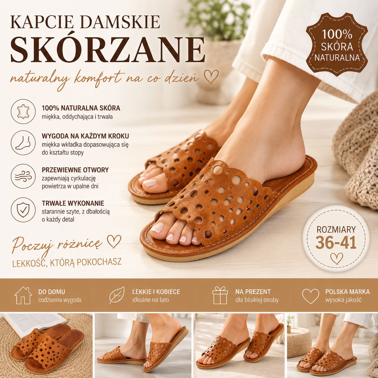 Kapcie damskie skórzane z naturalnej skóry – model 1234