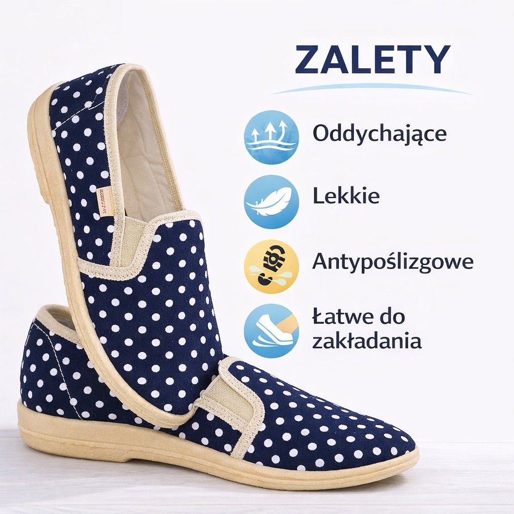 Kapcie damskie w grochy – oddychające, lekkie, antypoślizgowe i łatwe do zakładania