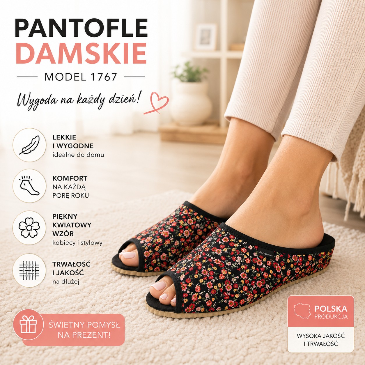 Pantofle damskie 1767 w kwiaty – lekkie i wygodne kapcie domowe polskiej produkcji