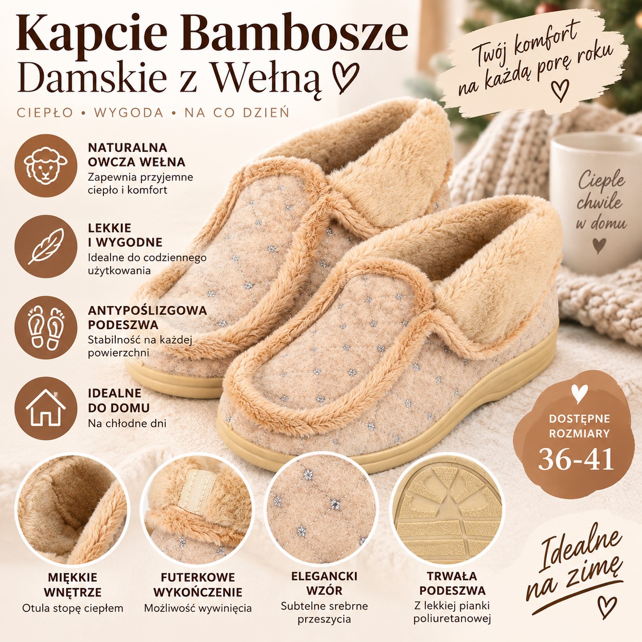 Kapcie bambosze damskie z wełną 2260 – cechy produktu i podeszwa