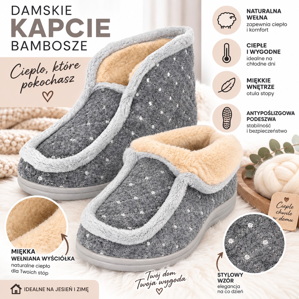 Kapcie bambosze damskie z wełną szare 2261 – ciepłe ocieplane pantofle
