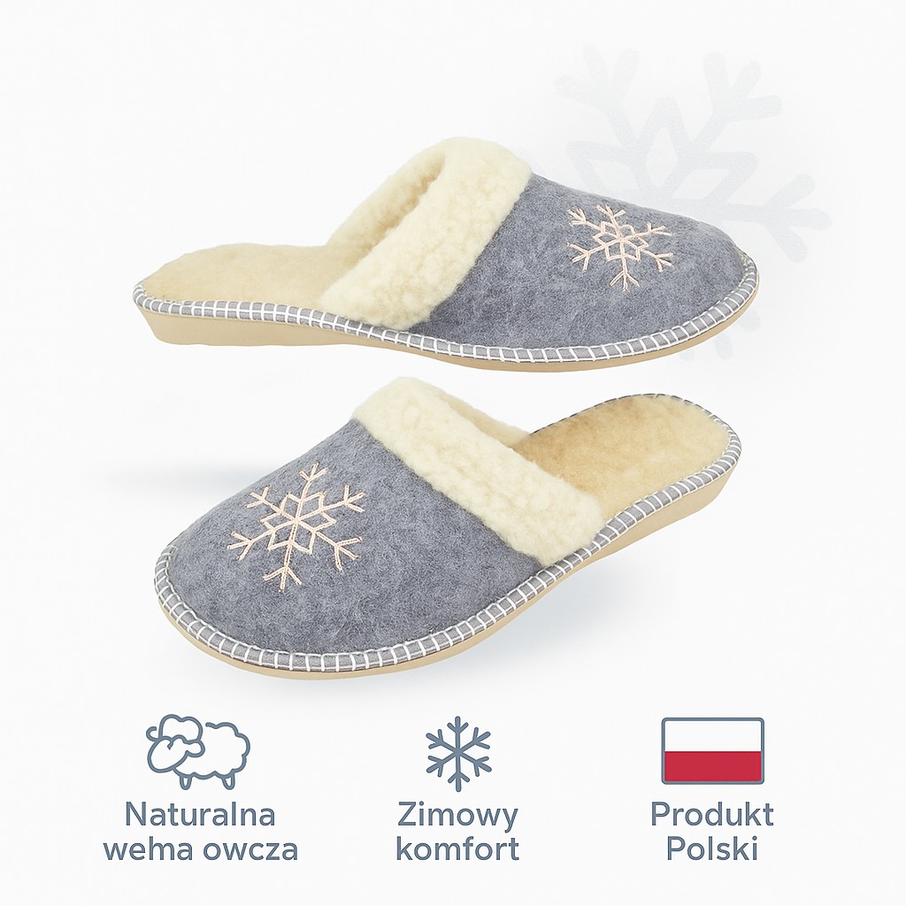 Kapcie damskie filcowe Śnieżynki 2172 – szara cholewka i naturalne wełniane ocieplenie