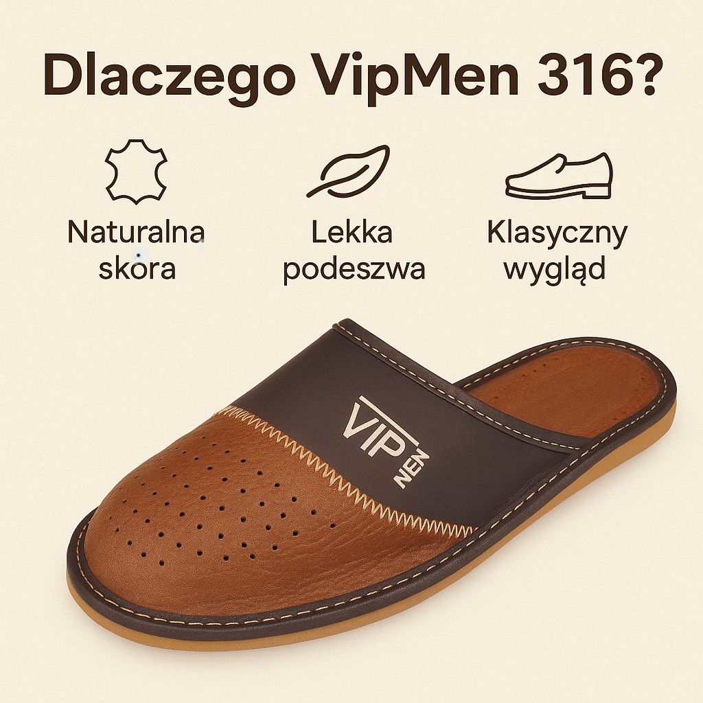 Kapcie męskie skórzane VipMen 316 – infografika przedstawiająca budowę i cechy pantofli